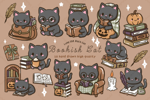Download Kawaii Black Cat Bookish Fall Clipart - Black Collection