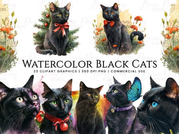Download Watercolor Black Cats Clipart Bundle - Black Collection