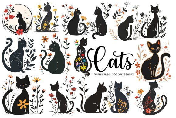 Download Black Cats and Flowers Clip Art Png - Black Collection