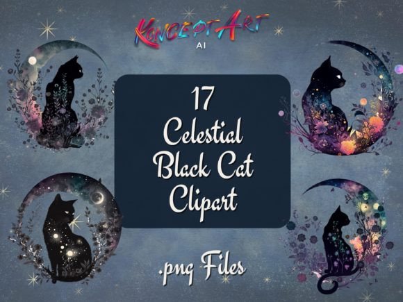 Download 17 X Floral Celestial Black Cats Clipart - Black Collection