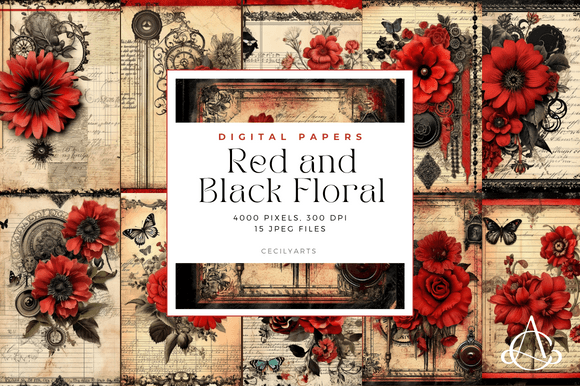 Download Red and Black Floral Junk Journal Pages - Black Collection