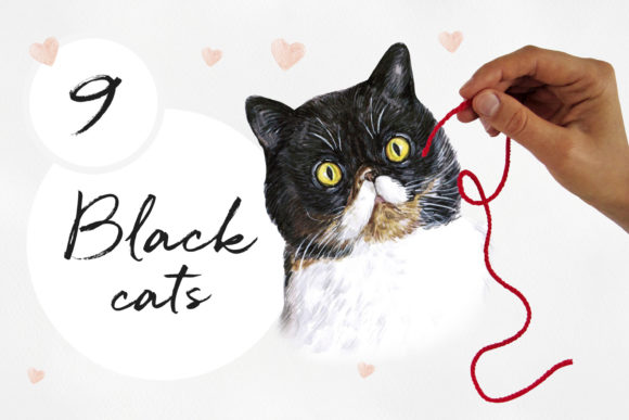 Download Watercolor 9 Black Cats Illustrations Set - Black Collection