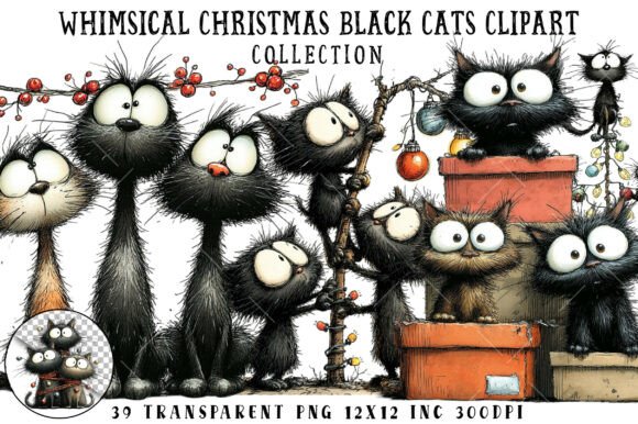 Download Whimsical Christmas Black Cats Clipart - Black Collection