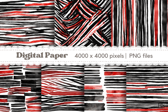 Download 7 Watercolor Red &amp; Black Stripes Paper - Black Collection