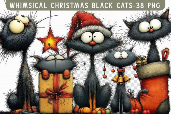 Download Whimsical Christmas Black Cats Clipart - Black Collection