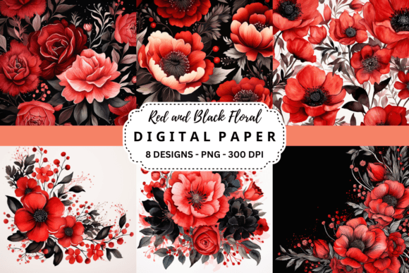 Download Red and Black Floral Digital Paper - Black Collection